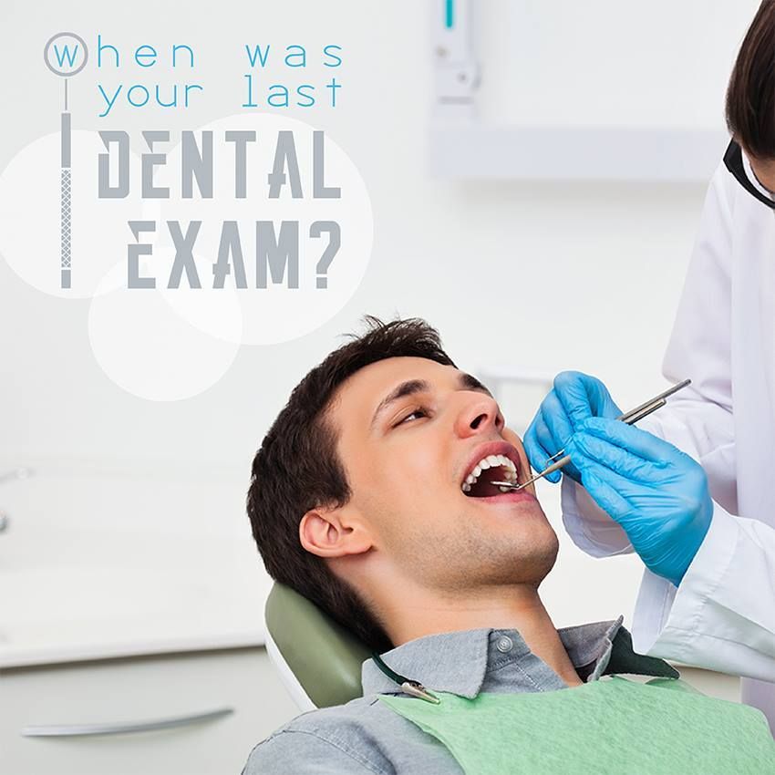 Man getting a dental exam. Dentist with tools, patient in chair, text reads When was your last dental exam? Man getting a dental exam. Dentist with tools, patient in chair, text reads When was your last dental exam?
