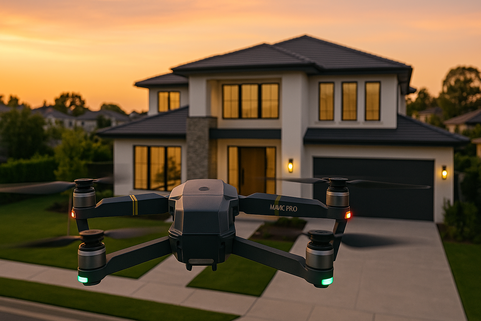 A drone is flying over a house at sunset.