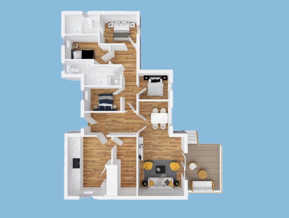 A 3d floor plan of a house on a blue background.