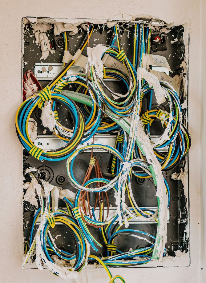 Open electrical wall box with tangled blue, yellow, and white wires and cables