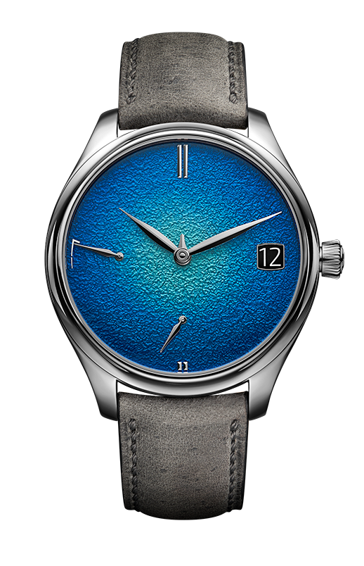 Tantalum wristwatch with a blue textured enamel grand feu dial and gray leather strap. Moser Endeavour perpetual Calendar.