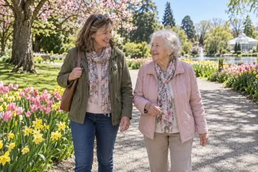 Two women walking and smiling in a flower garden with blooming pink tulips and trees