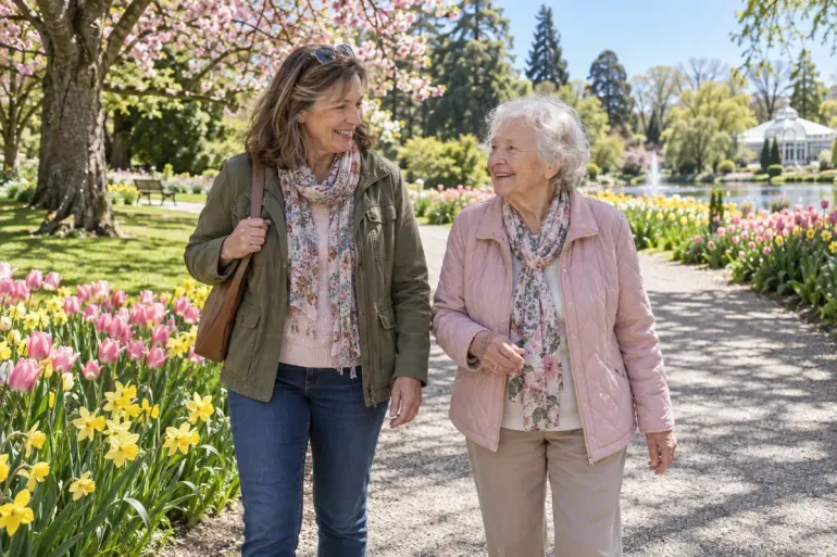 A companion and an older woman walking together past pink tulip beds on a sunny path in the Christchurch Botanic Gardens