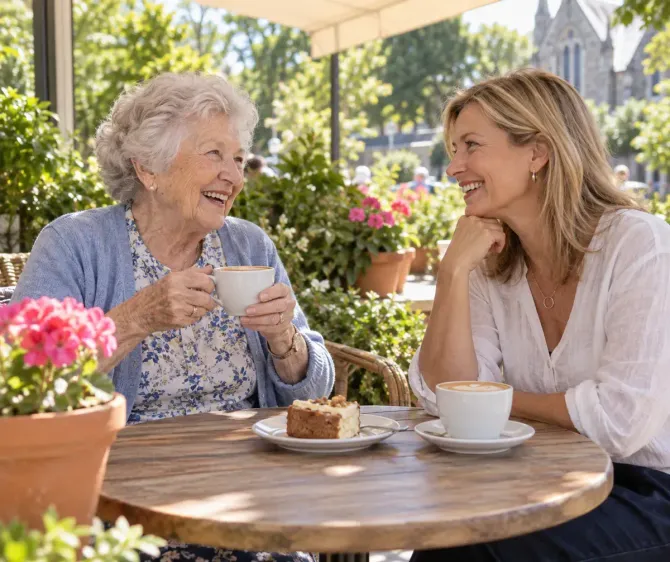 An older woman and her companion laughing over coffee at a sunny cafe table beside pots of pink geraniums