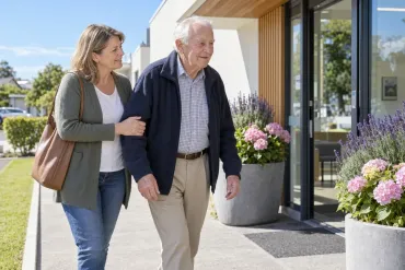 Older man walking with a woman outside a building by large flower pots