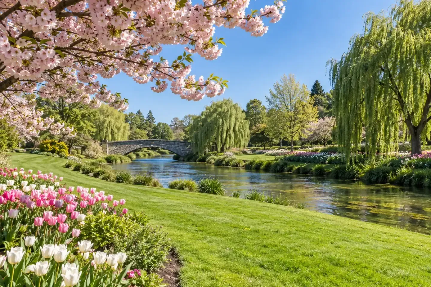 Cherry blossom, pink and white tulip beds and a stone bridge over the river in a sunny Christchurch garden