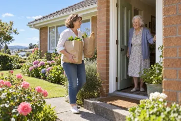 Woman holding groceries greets an elderly neighbor at a front door in a sunny garden