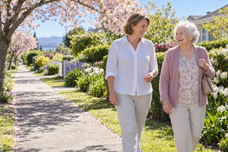 A companion and an older woman walking together along a sunny Christchurch footpath under flowering cherry blossom