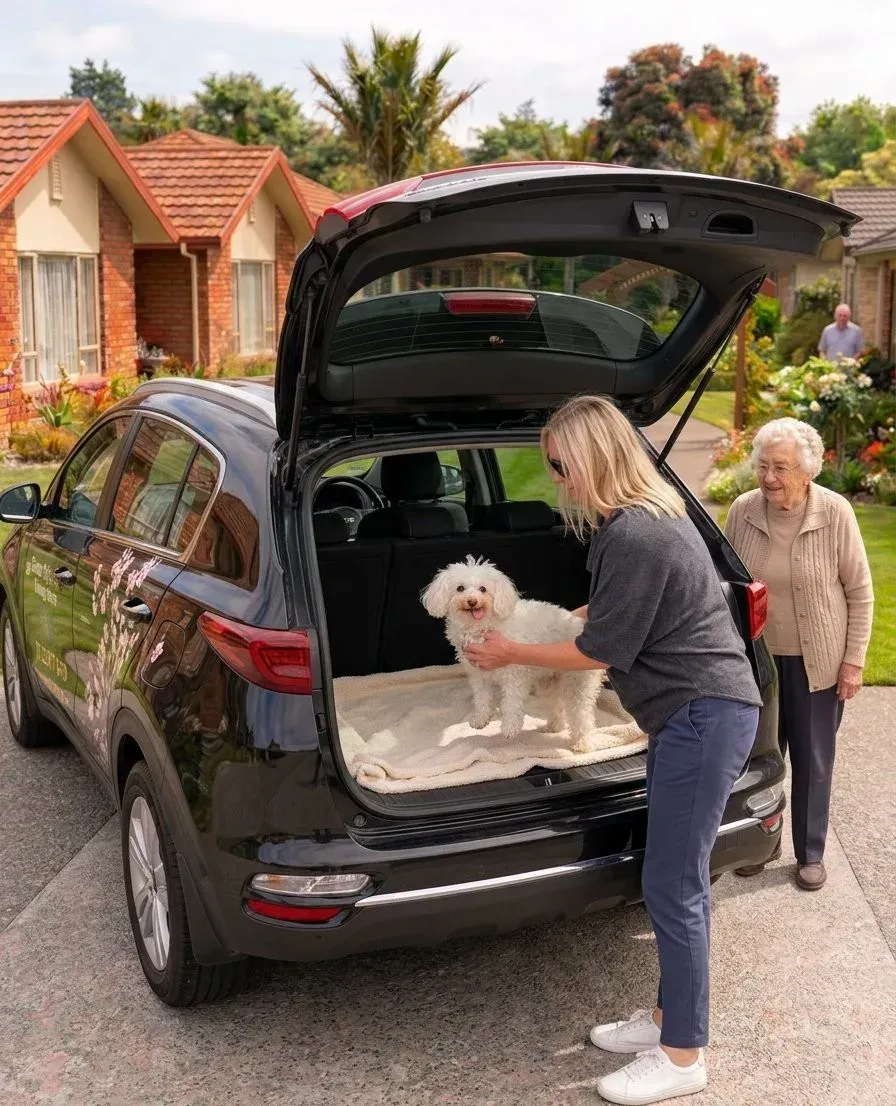 A companion settling a small white dog onto a blanket in the open boot of the car while an older woman watches from the driveway