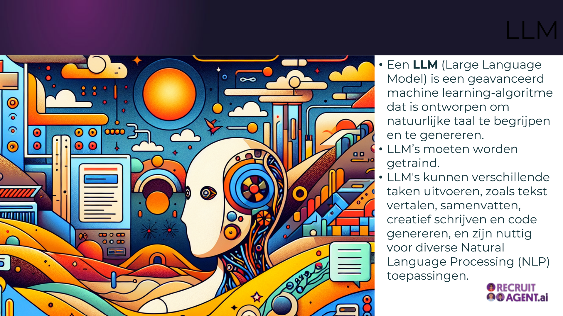 Een kleurrijke illustratie van een robot met een zon op de achtergrond.