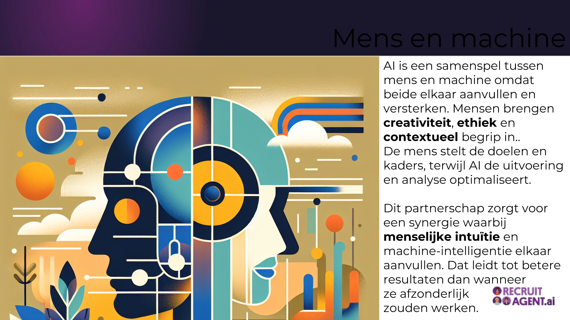 Een kleurrijke illustratie van het hoofd van een robot met een regenboog op de achtergrond.
