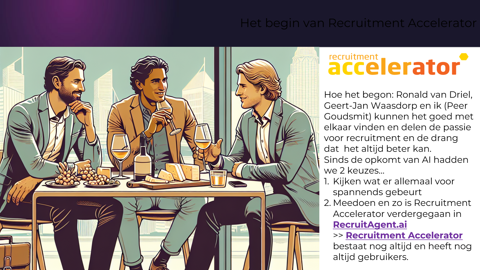 Aan een tafel zitten drie mannen in pak met wijnglazen.