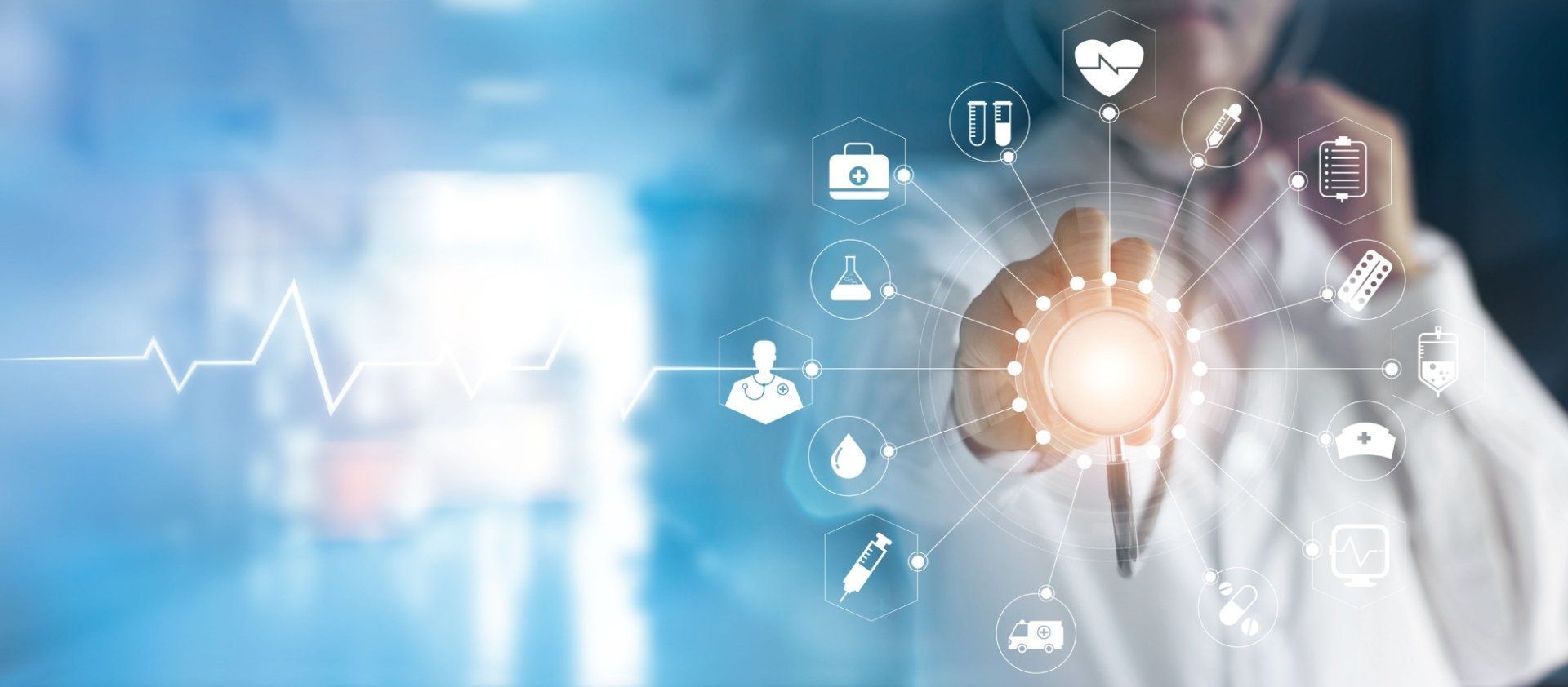 Healthcare professional touching glowing digital medical icons on a blue background