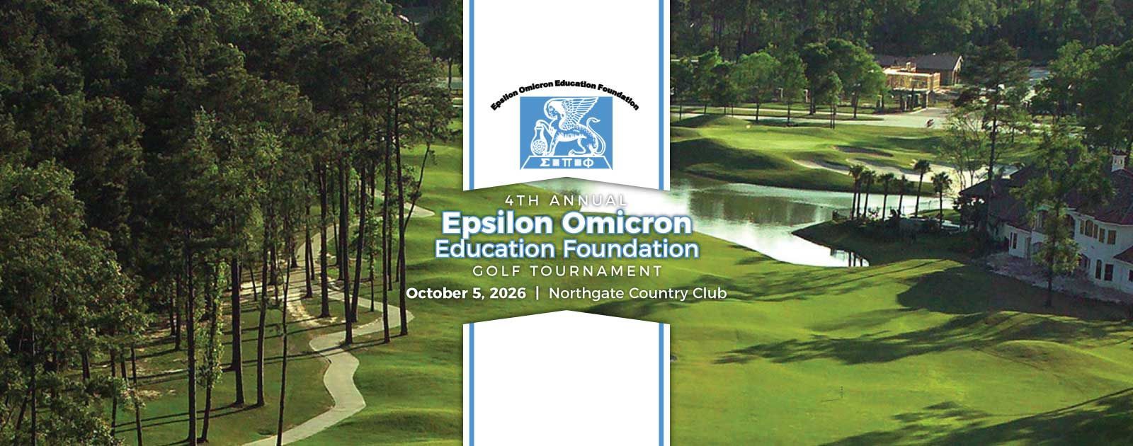 Golf course banner with Epsilon Omicron Education Foundation logo over a green fairway and trees