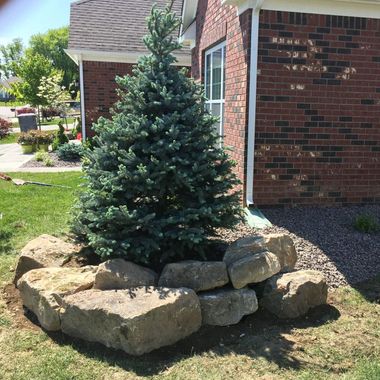 A christmas tree is surrounded by rocks in front of a brick house