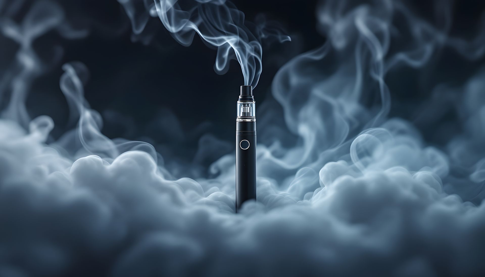 A vape pen standing in smoky clouds with vapor rising into a dark background