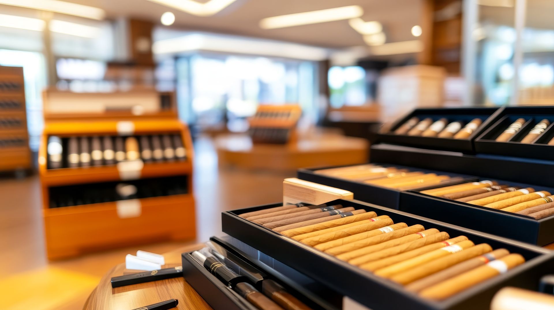 Wooden display cases of cigars in a softly lit upscale tobacco shop