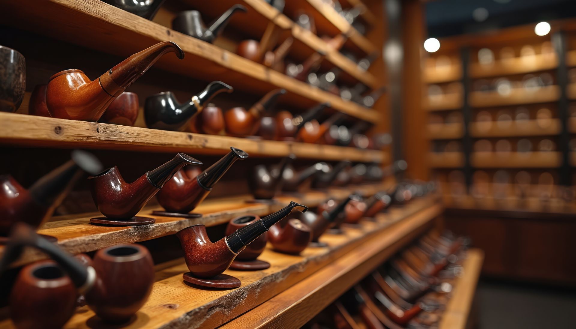 Rows of wooden smoking pipes displayed on shelves in a warmly lit shop