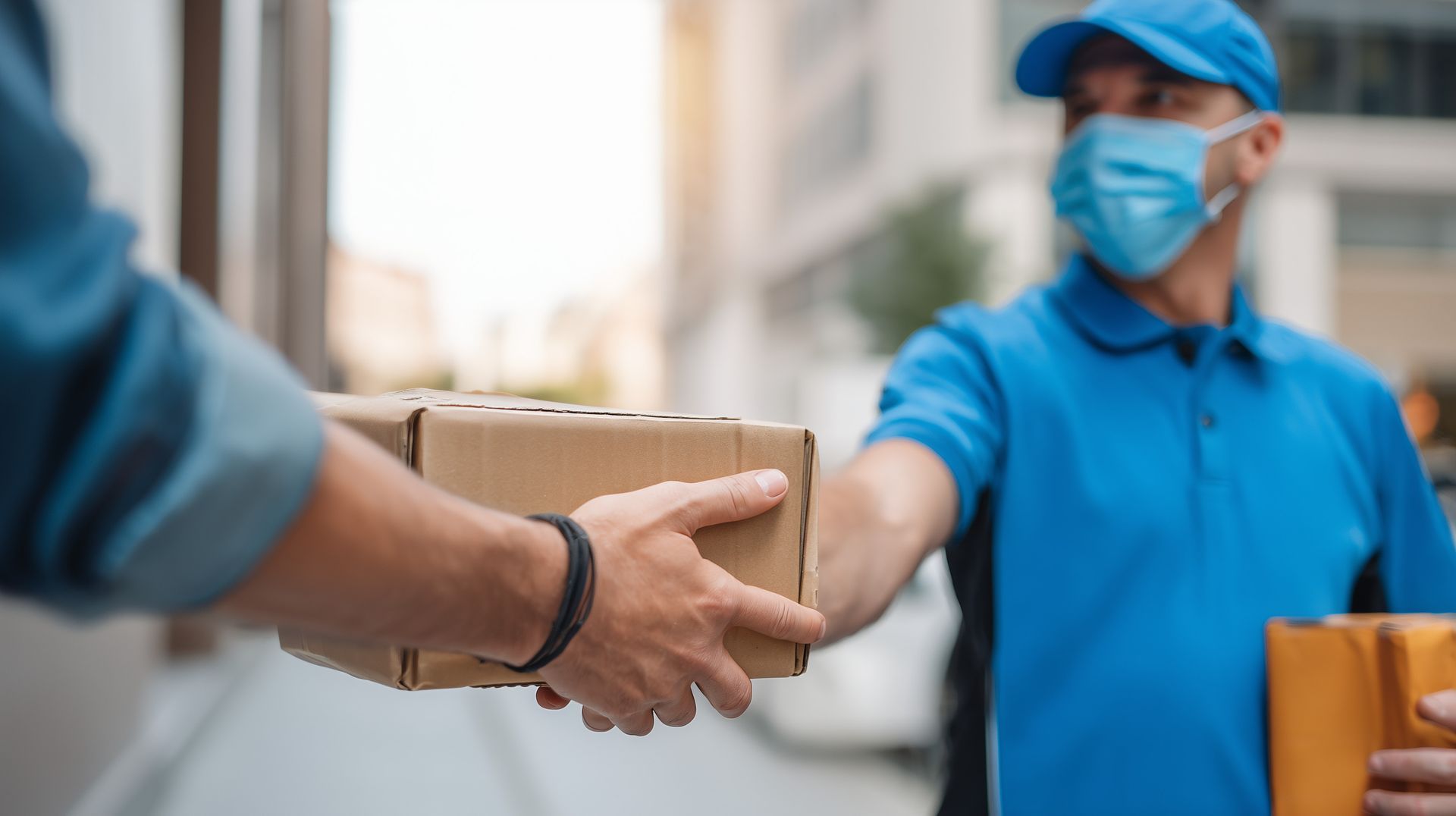 Courier handing a package to a customer outdoors, both wearing blue shirts and face masks.