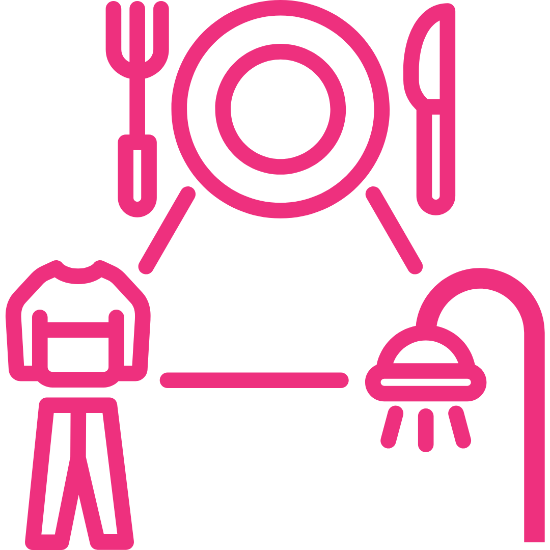 Pink icons: plate, fork, knife, clothing, and showerhead, forming a cycle of daily needs.