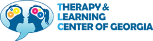 Logo of Therapy & Learning Center of Georgia; blue silhouette heads share thought bubbles with colorful gears.