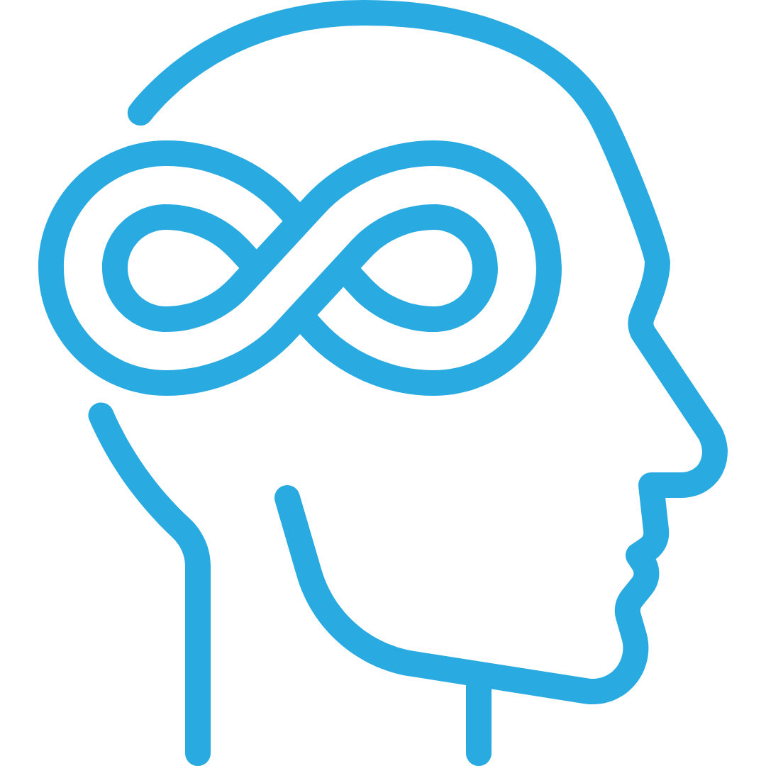 Blue outline of a person's head with an infinity symbol in place of the brain.