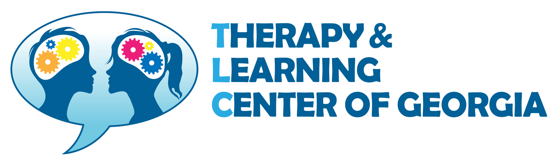Logo for Therapy & Learning Center of Georgia: Silhouettes of two heads with gears in brains, speech bubble.