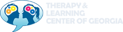 Logo: Two blue silhouettes face each other, inside a speech bubble. Each has a brain with colorful gears. Text: Therapy & Learning Center of Georgia.