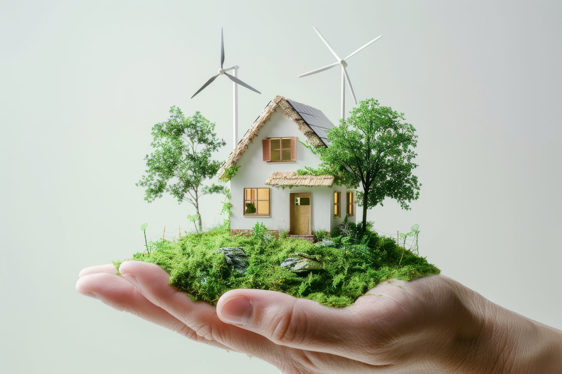 Hand holding a miniature house with trees, wind turbines, and greenery, symbolizing sustainability.