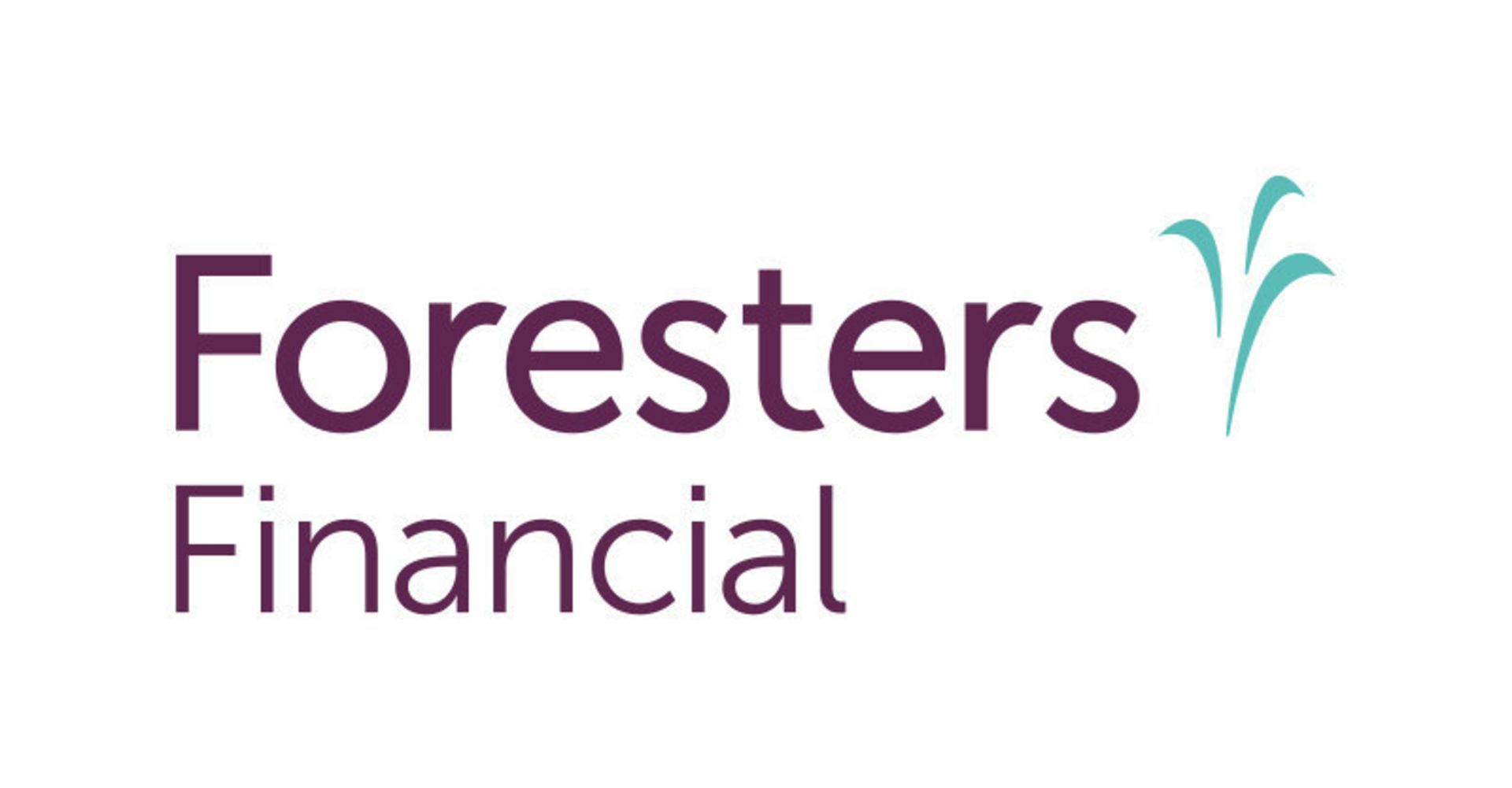 The logo for foresters financial is purple and green.