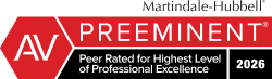 Martindale-Hubbell AV Preeminent 2026 badge with red, black, and white design and “Peer Rated” text