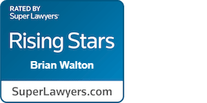 Blue Super Lawyers “Rising Stars” badge with Brian Walton and SuperLawyers.com