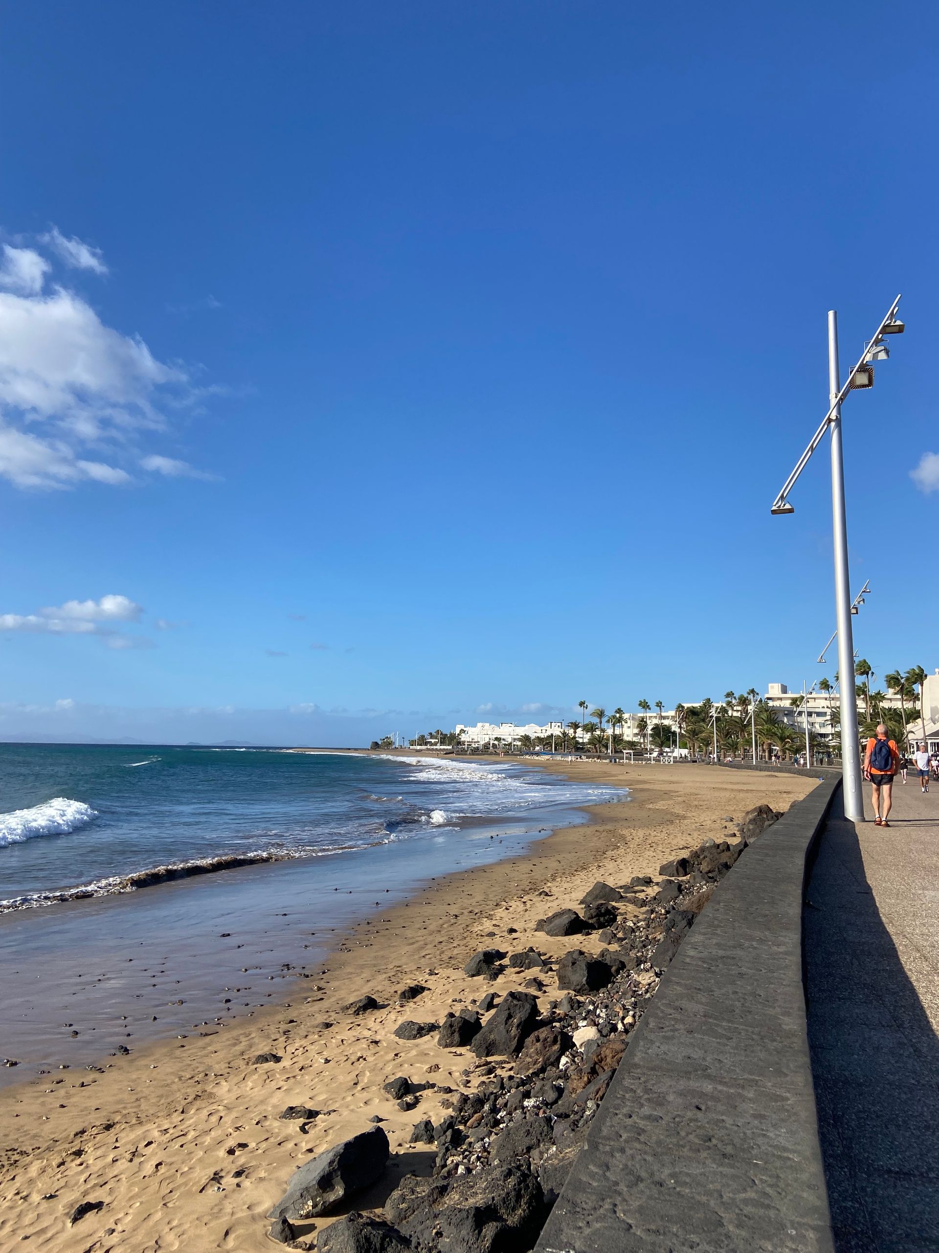 Beach scene with blue sky, ocean waves, sandy shore, and a modern lamppost.