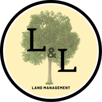 L&L Land Management logo with tree, black letters, and circular beige background