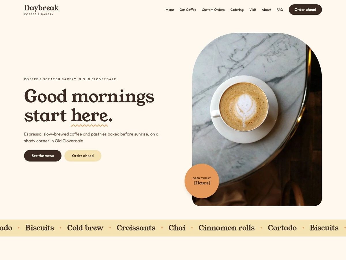 Morning Ritual demo site home page for Coffee Shops & Bakeries