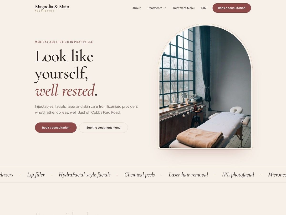 Glow Room demo site home page for Med Spas & Aesthetics