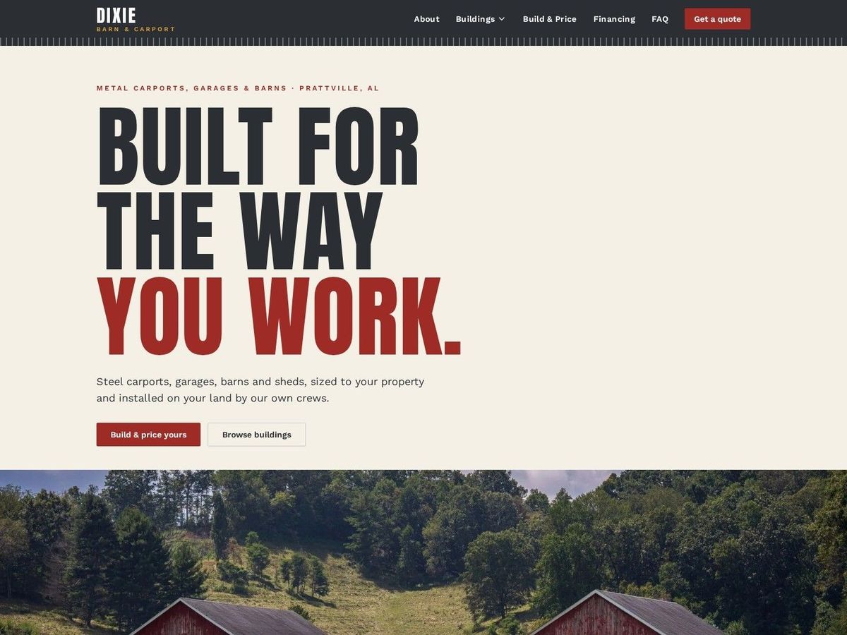 Backyard demo site home page for Carports, Sheds & Barns