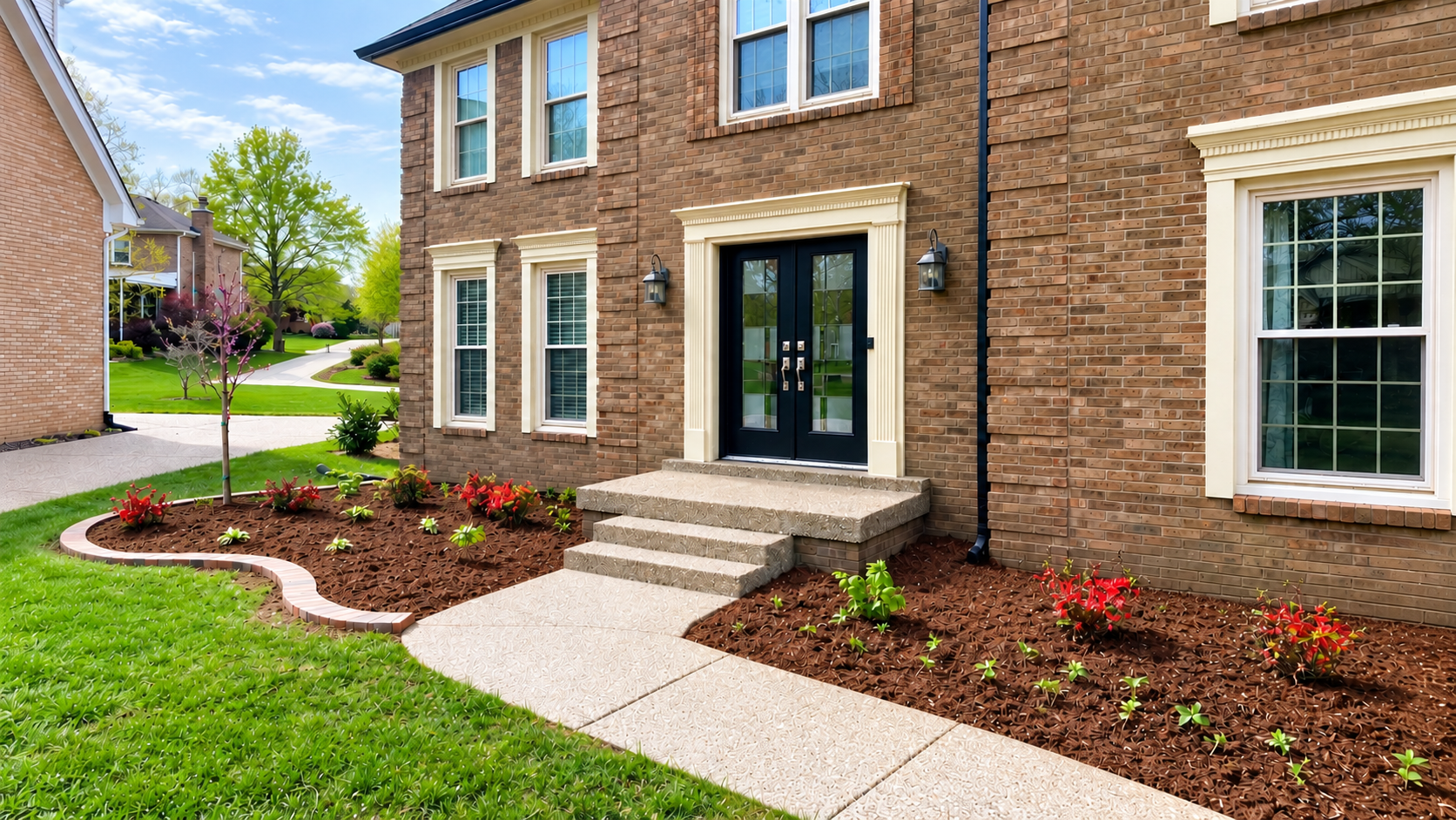Brick townhouse exterior with front steps, walkway, and landscaped flower beds