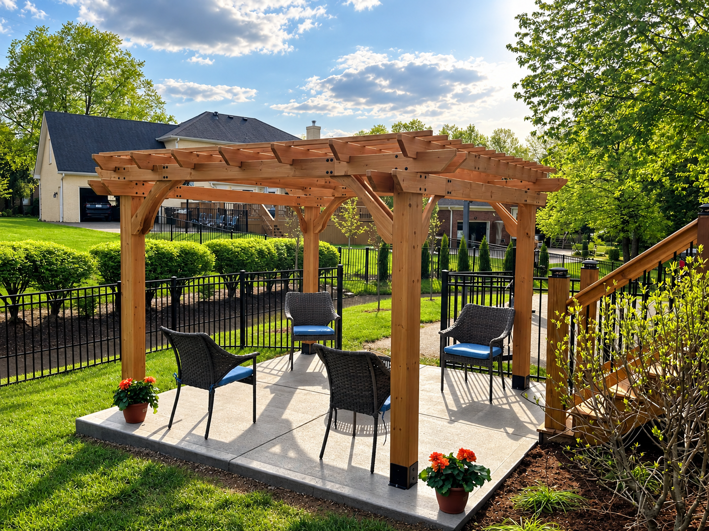 Wooden pergola on a tiled patio with black chairs, potted flowers, and a backyard view of hills and sky