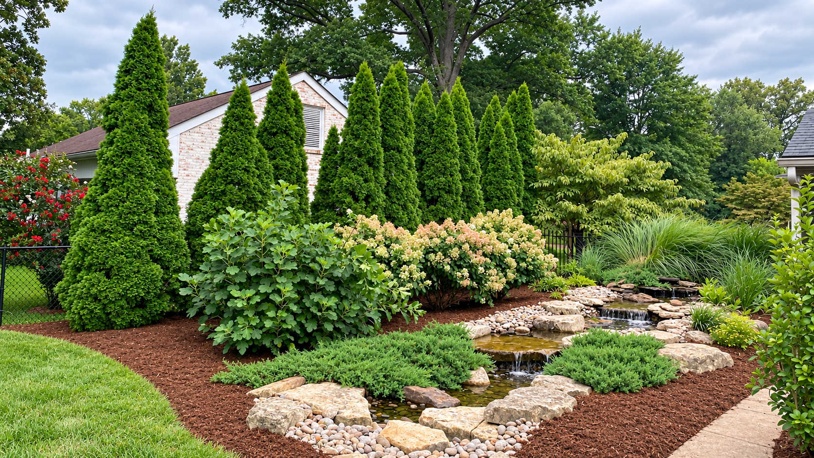 Lush landscaped garden with evergreens, flowering shrubs, stone path, and small pond beside a house