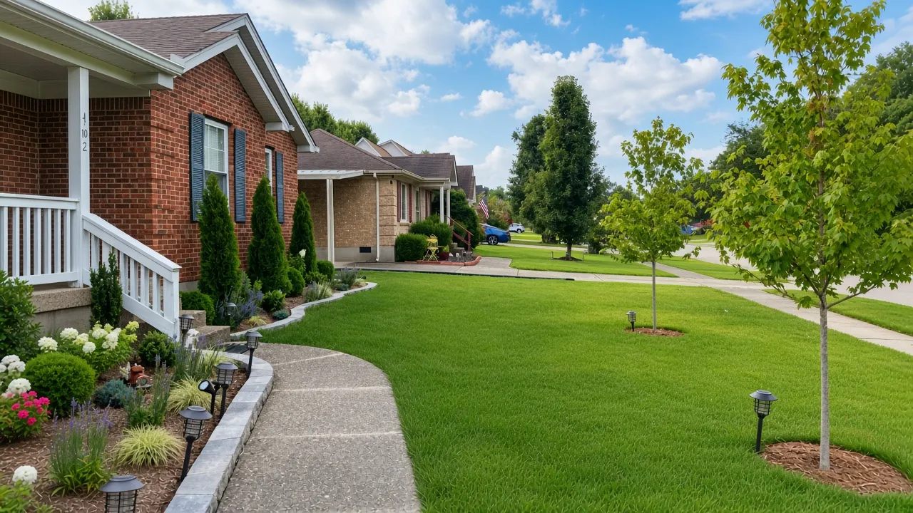 Curved sidewalk beside brick homes and green lawns in a quiet residential neighborhood