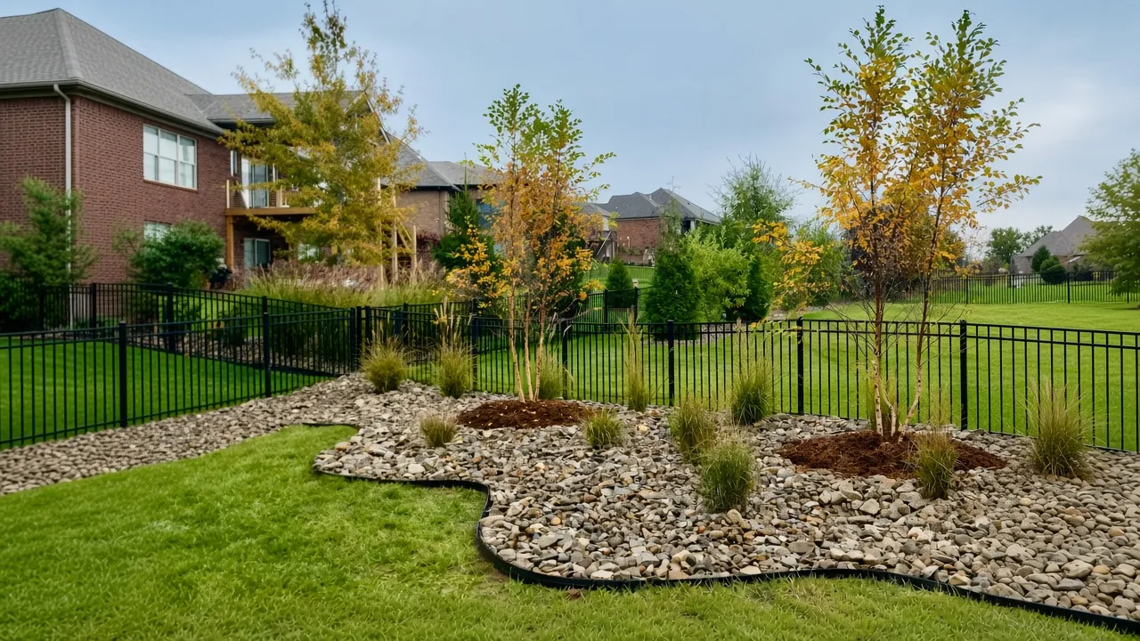 Residential backyard garden with young trees, black fence, and stone mulch beds under a cloudy sky