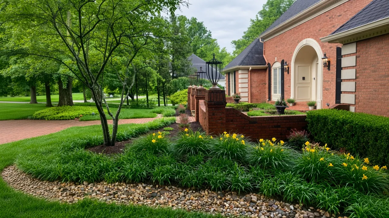 Red-brick house with arched entry, manicured shrubs, and a lush green garden under trees