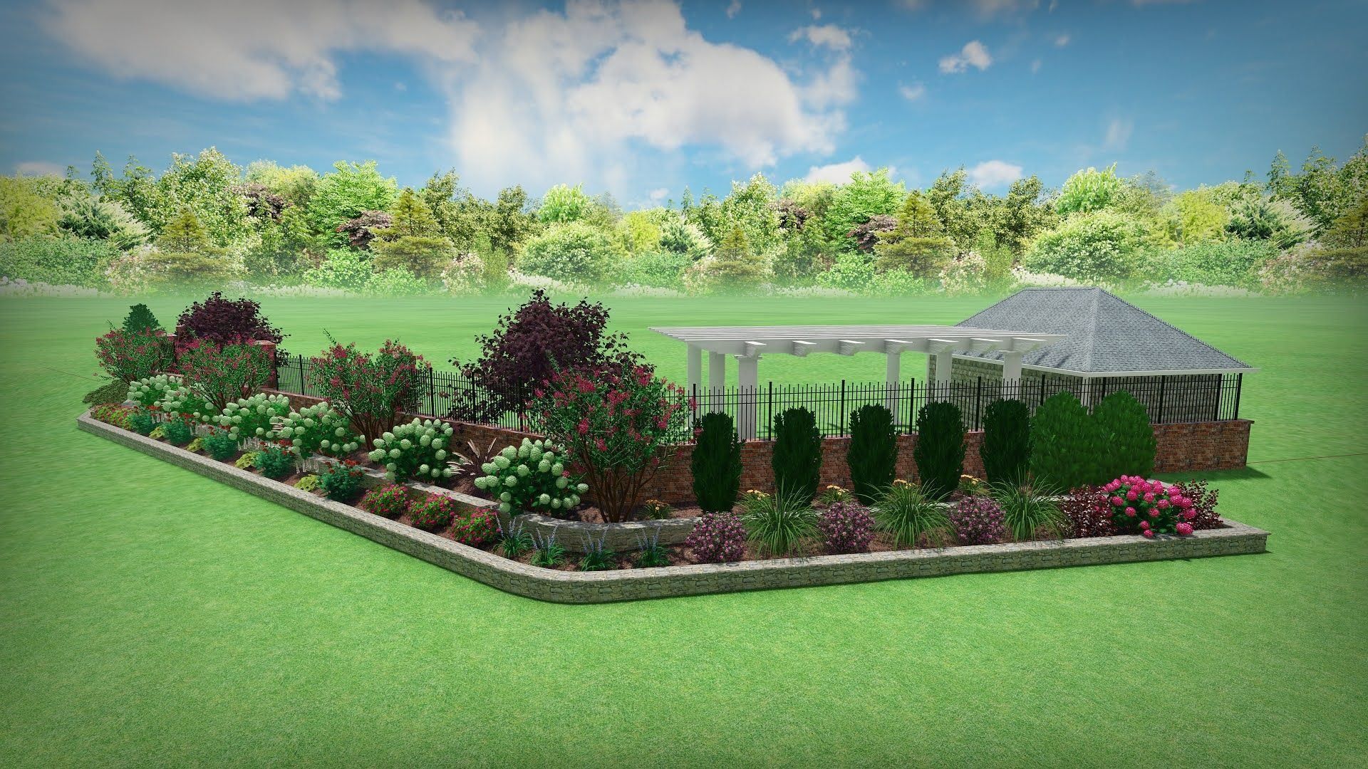 Landscaped garden bed with various plants and a pergola-style structure on green grass under a blue sky.