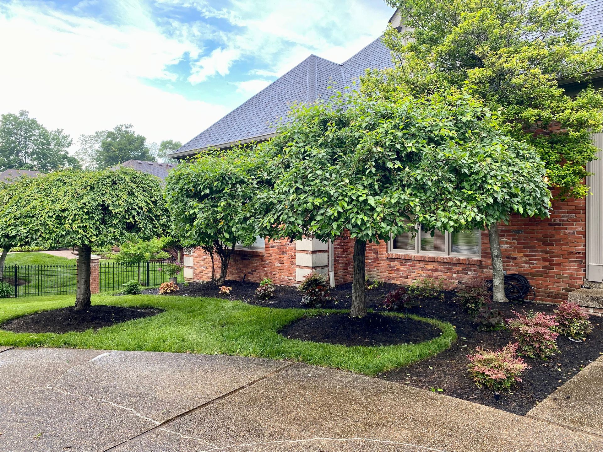Brick house with a steep gray roof, trimmed trees, and a green lawn beside a driveway