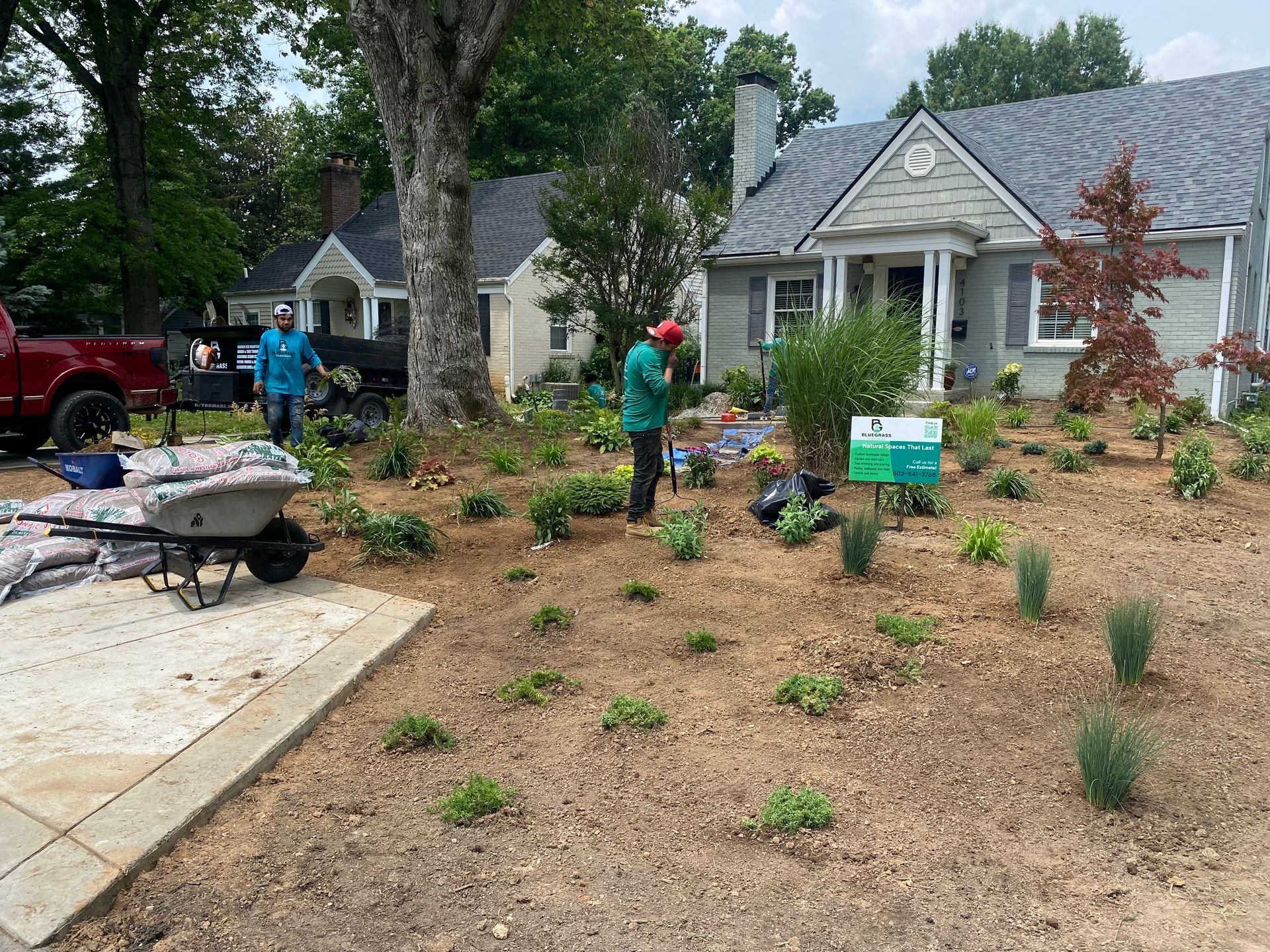 People landscaping a front yard with new plants beside a gray house and wheelbarrow