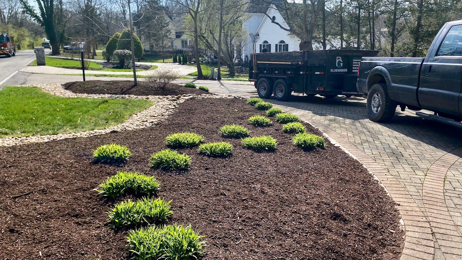 Curved mulch bed with small green shrubs beside a brick driveway and parked black truck in a residential yard