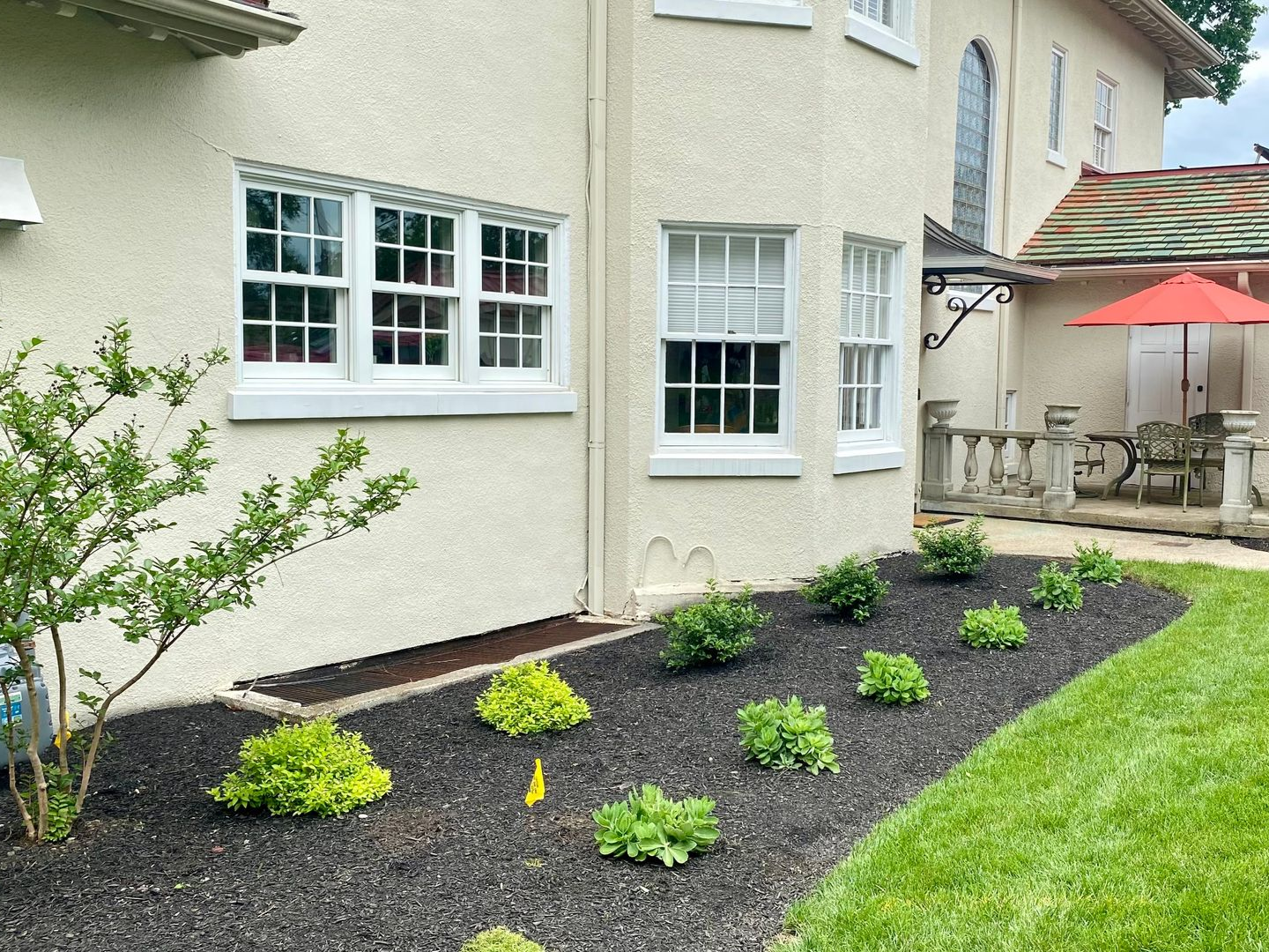 Front yard garden bed with small shrubs beside a beige house and patio umbrella