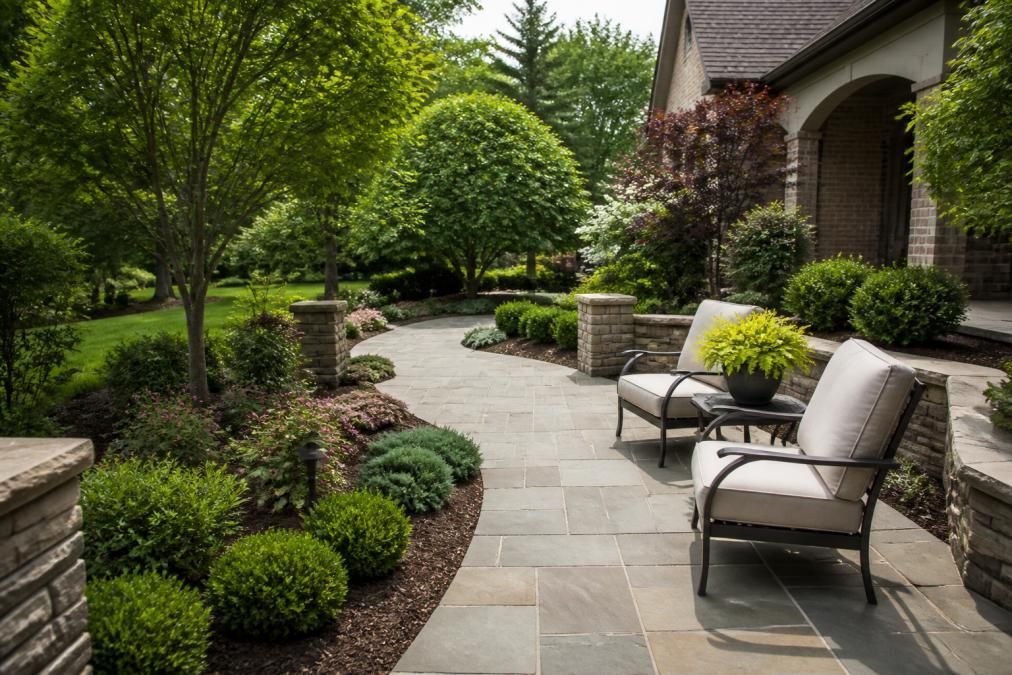 Landscaped garden patio with stone walkway, trimmed shrubs, and two outdoor chairs