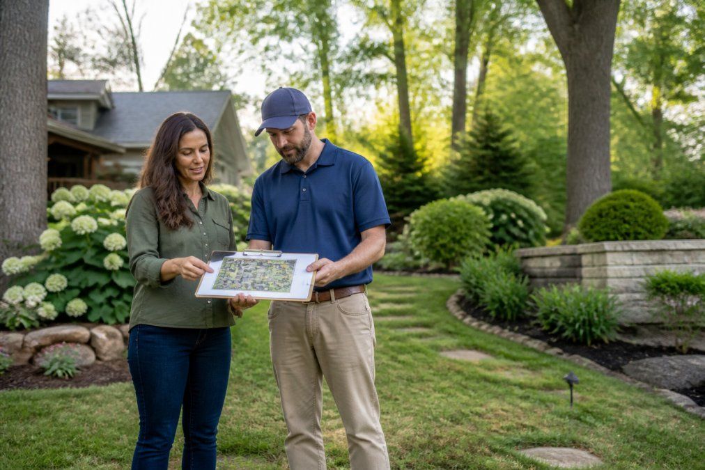 A homeowner and a landscape designer standing in a residential backyard reviewing a planting plan on a clipboard, mature trees in the background, soft afternoon light